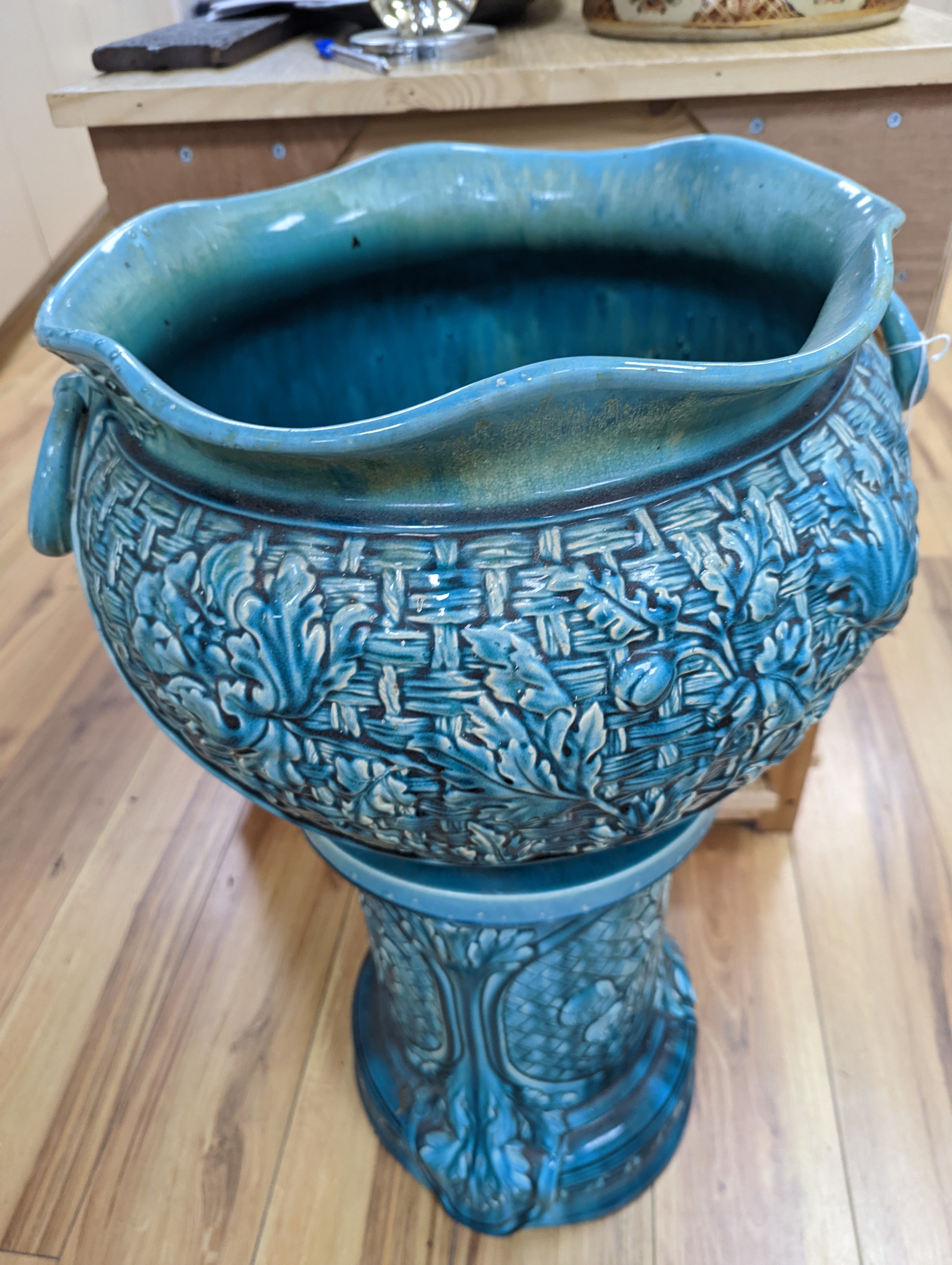 A Bretby turquoise-glazed jardiniere on pedestal 74cm